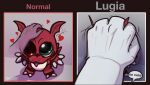  anthro bandai_namco big_eye dialogue digimon digimon_(species) doragy generation_2_pokemon group guilmon happy headpat heart_symbol human humanoid legendary_pokemon lugia male mammal meme nintendo pokemon pokemon_(species) red_body red_eyes size_difference smaller_male smile white_body 