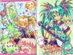  4girls akita_neru alternate_costume antenna_hair aqua_eyes aqua_hair artist_logo blonde_hair blue_background blush blush_stickers cellphone chiikawa clover commentary english_commentary fish flip_phone green_background guitar hachiware_(chiikawa) hangyodon hatsune_miku instrument koiwai_yotsuba lennardo_(grim_the_end) logo megurine_luka multiple_girls mushroom_on_head phone pink_hair polka_dot polka_dot_background sanrio school_uniform shisa_(chiikawa) side_ponytail traditional_media treble_clef twintails vocaloid yellow_eyes yotsubato! 