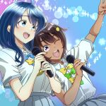  2girls ahoge blue_bow blue_bowtie blue_eyes blue_hair blush bow bowtie breasts brown_hair collared_shirt commentary fingernails grey_skirt holding holding_microphone looking_at_viewer make_heroine_ga_oo_sugiru! medium_breasts medium_hair microphone multiple_girls nail_polish one_eye_closed open_mouth purple_eyes ruri_(ruri_) school_uniform shirt short_sleeves skirt smile tan teeth tsuwabuki_high_school_uniform white_shirt yakishio_lemon yanami_anna yellow_bow yellow_bowtie 