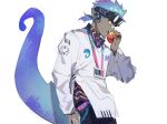  1boy aqua_hair arknights blue_hair blue_tongue chameleon_tail colored_tongue dark-skinned_male dark_skin eating ethan_(arknights) facial_hair facial_mark food from_side goatee goggles goggles_on_head grey_eyes highres holding holding_food huan_shi_tian_tong id_card lanyard lizard_tail long_sleeves male_focus multicolored_hair nose_tape open_mouth ponytail profile reptile_boy short_ponytail simple_background solo tail white_background 
