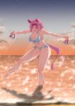  1girl aged_up alternate_breast_size_(larger) animal_ears bare_shoulders barefoot beach bikini breasts closed_eyes cloud curvy ear_covers ear_ribbon frilled_bikini frills full_body happy haru_urara_(umamusume) headband highres holding holding_sandals horse_ears horse_girl horse_tail large_breasts light_blush light_rays muscular muscular_female navel open_mouth outdoors outstretched_arms pink_hair reflection reflective_liquid sand sandals shadow short_hair sky solo star_(sky) star_(symbol) star_in_eye sunset swimsuit symbol_in_eye tail thick_thighs thighs umamusume veth_free water wet white_bikini 