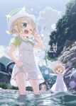  4girls animal_hat aris_(blue_archive) blonde_hair blue_archive cat_hat cloud commentary_request day dress game_development_department_(blue_archive) green_eyes green_shirt halo hat highres midori_(blue_archive) mizu_asato momoi_(blue_archive) multiple_girls official_art one_eye_closed outdoors pink_eyes river shirt short_dress short_sleeves sleeveless sleeveless_dress straw_hat sun_hat sundress water wet wet_clothes white_dress yuzu_(blue_archive) 