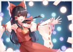  1girl :d ascot bare_shoulders black_hair blue_background border bow brown_eyes commentary_request cowboy_shot danmaku detached_sleeves fighting_stance floating_hair frilled_bow frilled_hair_tubes frilled_shirt_collar frilled_skirt frills hair_bow hair_tubes hakurei_reimu half_updo highres huge_bow light_blush long_hair long_skirt long_sleeves looking_at_viewer nontraditional_miko open_mouth outside_border outstretched_arms outstretched_hand red_bow red_shirt red_skirt ribbon-trimmed_sleeves ribbon_trim shirt sidelocks simple_background skirt sleeveless sleeveless_shirt smile smug solo taguno touhou v-shaped_eyebrows very_long_hair white_border wide_sleeves yellow_ascot 