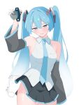  1girl anger_vein arm_at_side black_skirt black_sleeves blue_eyes blue_hair blue_necktie blue_trim blush breasts clothes_lift collared_shirt combat_knife commentary_request cowboy_shot detached_sleeves disembodied_hand hair_between_eyes hair_ornament half-closed_eyes hand_up hatsune_miku highres holding holding_knife holding_weapon knife long_hair long_sleeves looking_at_viewer medium_breasts miniskirt necktie open_mouth pleated_skirt shirt sidelocks simple_background skirt skirt_lift sleeveless sleeveless_shirt solo twintails very_long_hair vocaloid weapon white_background white_shirt wide_sleeves y_vdo 