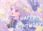  1girl :d arm_up artist_name black_bow black_bowtie blush border bow bowtie brooch capelet commentary dot_nose earrings english_commentary floating_clothes from_side fuka_(f_uka_1021) gem happy_birthday hat hat_loss holding holding_star hoshino_key indie_virtual_youtuber inset_border jewelry long_sleeves looking_at_viewer looking_to_the_side medium_hair multicolored_hair open_mouth purple_background purple_capelet purple_eyes purple_hair purple_hat raised_eyebrows red_gem shirt signature smile solo star_(symbol) star_earrings streaked_hair twitter_username unworn_hat unworn_headwear upper_body virtual_youtuber watermark white_border white_shirt 