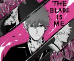  3boys adam's_apple beard_stubble bleach closed_mouth commentary_request facial_hair flower greyscale_with_colored_background hair_between_eyes highres hollow_ichigo konetaa kurosaki_ichigo looking_at_viewer male_focus multiple_boys pink_background shihakusho short_hair simple_background straight-on stubble sword weapon zangetsu_(bleach) 