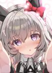  1girl animal_ears black_hairband blush bow coat commentary_request curren_chan_(fille_eclair)_(umamusume) curren_chan_(umamusume) dress ear_bow ear_covers gloves grey_hair hairband highres horse_ears horse_girl long_sleeves looking_at_viewer lpikamasi off-shoulder_coat off-shoulder_dress off-shoulder_jacket off_shoulder parted_lips purple_eyes reaching reaching_towards_viewer red_bow short_hair solo striped_clothes striped_dress translation_request umamusume variant_set vertical-striped_clothes vertical-striped_dress white_gloves 