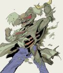  1boy alien_(mega_man) belt blue_eyes blue_pants body_horror cleft_chin clenched_hand clenched_teeth colored_skin commentary dr._wily_(mega_man) english_commentary evil_grin evil_smile facial_hair fang green_skin grey_hair grin highres lab_coat long_hair looking_at_viewer male_focus mega_man_(classic) mega_man_(series) mega_man_2 mustache necktie old old_man pants red_eyes red_necktie ribs shirt smile solo srnhuyuno teeth torn_clothes transformation unbuttoned white_background white_shirt 