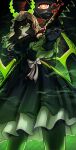  2girls absurdres black_dress black_gold_saw black_hair black_rock_shooter commentary dead_master demon_girl demon_horns dress english_commentary green_eyes highres horns looking_at_viewer multiple_girls razunechan short_hair_with_long_locks solo 