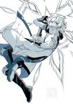  1boy albedo_(genshin_impact) boots braid chain commentary_request covered_mouth floating_clothes flying from_side full_body genshin_impact gloves greyscale hair_between_eyes hands_up highres hood hoodie kemono_j looking_at_viewer male_focus monochrome motion_lines open_clothes open_hoodie pants qr_code short_hair short_sleeves simple_background single_braid solo two-sided_hoodie v-shaped_eyebrows 