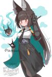  1girl animal_ear_fluff animal_ears aqua_jacket arm_out_of_sleeve black_hair black_necktie black_skirt blush breasts closed_mouth commentary double_fox_shadow_puppet fingerless_gloves fox_ears fox_girl fox_shadow_puppet gauntlets gloves highres hoshimi_miyabi jacket log_pose long_hair looking_at_viewer necktie red_eyes shino2121 shirt sidelocks simple_background single_fingerless_glove single_gauntlet skirt tailless_(zenless_zone_zero) twitter_username watermark white_background white_shirt zenless_zone_zero 