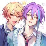  2boys :d aqua_streaks artist_name blonde_hair blue_cardigan blue_sweater cardigan collared_shirt commentary diagonal-striped_clothes diagonal-striped_necktie english_commentary gradient_hair hair_between_eyes highres implied_yaoi kamishiro_rui kamiyama_high_school_uniform_(project_sekai) looking_at_viewer m1ntii male_focus multicolored_hair multiple_boys necktie open_cardigan open_clothes open_mouth orange_eyes orange_hair project_sekai purple_hair school_uniform shirt short_hair shout_lines sidelocks simple_background smile streaked_hair striped_clothes striped_necktie sweater tenma_tsukasa upper_body v-shaped_eyebrows watermark white_background white_shirt yellow_eyes 