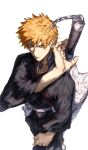  1boy akebwanwan black_hakama bleach brown_eyes closed_mouth commentary_request from_above hakama japanese_clothes kurosaki_ichigo looking_at_viewer male_focus orange_hair shihakusho shinigami short_hair simple_background solo spiked_hair weapon weapon_on_back white_background 