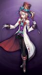  1boy aqua_belt aqua_eyes belt black_pants boots brown_boots brown_hat coat collared_shirt full_body game_asset gloves grimms_notes hair_between_eyes hand_up hat hat_ribbon holding holding_wand mad_hatter_(grimms_notes) mad_hatter_(repage)_(grimms_notes) male_focus monocle nanokak non-web_source official_art orange_hair pants purple_background purple_vest ribbon shirt smile solo standing teeth vest wand white_coat white_gloves white_shirt 