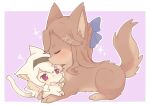  :p animal animal_focus animal_with_hair animalization blush border brown_dog brown_hair cat closed_eyes commentary dog hair_ornament licking long_hair nako_(user_wnnm5534) no_humans outline purple_background purple_eyes saijo_claudine shoujo_kageki_revue_starlight simple_background tendo_maya tongue tongue_out white_border white_outline x_hair_ornament 