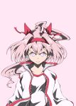  1girl animal_ears bow breasts closed_mouth collarbone ear_bow ear_covers flower-shaped_pupils flower_in_eye haru_urara_(bestest_prize)_(umamusume) haru_urara_(umamusume) headband highres horse_ears horse_girl jacket long_hair looking_at_viewer pink_hair pink_headband ponytail red_headband shirt simple_background small_breasts solo symbol-shaped_pupils symbol_in_eye umamusume white_jacket white_shirt zukki_(bijitaru) 