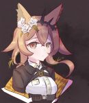  1girl animal_ears arknights belt black_dress black_tiara breasts brown_background brown_eyes brown_hair cat_ears cat_girl chest_belt commentary cross_tie crossed_bangs diamond-shaped_pupils diamond_(shape) diamond_print dress english_commentary flower hair_between_eyes hair_flower hair_ornament hair_vines highres jacket jacket_partially_removed kelsuis leaning_forward light_frown looking_at_viewer medium_breasts medium_hair off_shoulder orange_jacket parted_lips red_pupils solo symbol-shaped_pupils tiara twitter_username underbust vendela_(arknights) white_background white_dress 