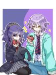  1boy 1girl apple aqua_cardigan aqua_streaks asahina_mafuyu asymmetrical_sidelocks black_cardigan black_pantyhose blue_eyes blue_necktie blue_pants border cardigan chinese_commentary closed_mouth collared_shirt commentary_request diagonal-striped_clothes diagonal-striped_necktie dot_nose double-parted_bangs expressionless food fruit grey_serafuku grey_skirt hair_between_eyes hair_ornament hair_scrunchie highres holding holding_food holding_fruit holding_stuffed_toy kamishiro_rui kamiyama_high_school_uniform_(project_sekai) looking_at_another miyamasuzaka_girls'_academy_school_uniform multicolored_hair neckerchief necktie notice_lines open_cardigan open_clothes orange_scrunchie outline outside_border pants pantyhose pleated_skirt project_sekai purple_background purple_hair red_neckerchief red_necktie saigyouji_natsuki school_uniform scrunchie seiza serafuku shirt sidelocks sitting skirt smile sparkle streaked_hair striped_clothes striped_necktie stuffed_animal stuffed_rabbit stuffed_toy two-tone_necktie white_border white_outline white_shirt yellow_eyes 
