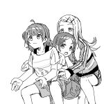 >:( 3girls black_hair closed_mouth frown gakuen_idolmaster gattai_(hunter_x_hunter) grey_hair greyscale hair_ornament hairclip hanami_ume hellfire00001 highres hunter_x_hunter idolmaster kuramoto_china long_hair long_sleeves monochrome multiple_girls open_mouth parody parted_bangs scene_reference shinosawa_hiro shirt shorts simple_background squatting v-shaped_eyebrows white_background white_shirt 