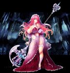  1girl absurdres axe battle_axe blue_eyes breasts clothing_cutout commentary_request detached_collar double-sided_axe dress eden's_ritter_grenze frilled_thigh_strap high_heels highres hip_vent huge_breasts long_hair looking_at_viewer navel navel_cutout pink_dress pink_hair ryunon_(eden's_ritter) sakuya_tsuitachi solo strapless strapless_dress thigh_strap veil weapon 