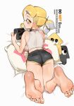  1girl artist_name ass barefoot black_shorts blonde_hair blowing_bubble_gum breasts chewing_gum commentary crop_top dolphin_shorts ear_piercing ed_(jinko) feet foot_focus foreshortening from_behind genderswap genderswap_(mtf) gradient_hair hair_ornament hair_stick handheld_game_console highres holding holding_handheld_game_console inkling inkling_girl inkling_player_character jacket jinkoika large_breasts legs_up long_pointy_ears looking_at_viewer looking_back lying median_furrow medium_hair multicolored_hair on_pillow on_stomach original piercing pillow pointy_ears ponytail presenting_foot presenting_own_foot shirt shorts soles solo splatoon_(series) squid tentacle_hair thighs toes turtleneck turtleneck_shirt underbutt white_shirt yellow_eyes yes-no_pillow 