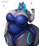 absurd_res anthro belly big_breasts big_butt blue_eyes blue_hair blue_markings breasts butt canid canine canis clothed clothing dragon dress ethmeol fur gynomorph hair hi_res huge_breasts hybrid intersex jewelry lavochnica mammal markings multicolored_body multicolored_fur mythological_creature mythological_scalie mythology scalie solo thick_thighs wide_hips wolf