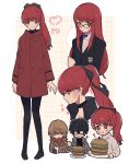  1girl 2boys akechi_goro amamiya_ren black_jacket black_pantyhose black_shoes burger chibi coat commentary_request food glasses heart highres holding holding_plate jacket long_hair long_sleeves looking_at_another looking_at_viewer mitsu_(cr_kun) multiple_boys multiple_views pantyhose persona persona_5 persona_5_the_royal plate ponytail profile red_coat red_eyes red_hair shoes smile sparkle violet_(persona_5) yoshizawa_kasumi 