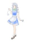  1girl absurdres apron back_bow between_fingers blue_dress blue_eyes bow braid brown_shoes closed_mouth collared_shirt commentary dress frilled_dress frills full_body green_bow grey_hair hair_bow highres holding holding_knife holding_pocket_watch izayoi_sakuya knife knives_between_fingers long_hair looking_at_viewer maid maid_headdress mary_janes pinafore_dress pocket_watch shirt shoes simple_background sleeveless sleeveless_dress smile socks solo touhou twin_braids waist_apron watch white_background white_bow white_shirt white_socks white_wrist_cuffs wrist_cuffs zheng_(pixiv_101593236) 