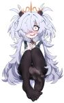  1girl black_pantyhose blue_archive brown_ribbon commentary_request diagonal-striped_ribbon dr_yamero dress drooling eyeball_hair_ornament feet foot_focus grey_hair hair_over_one_eye halo highres kanoe_(blue_archive) long_hair looking_at_viewer no_shoes open_mouth orange_halo pantyhose pinafore_dress ribbon saliva scar scar_on_neck shirt simple_background sleeveless sleeveless_dress smile steaming_body sweat two_side_up white_background white_shirt wide-eyed yellow_eyes 
