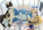 anal anal_penetration anthro antlers arm_markings arm_tuft armlet_(marking) black_body blue_antlers blue_body blue_inner_ear blue_stripes blush blush_stickers canid canine canis chest_markings claws countershading dipstick_ears dipstick_tail ear_markings elbow_tuft feikangnie666 felid fellatio genitals green_inner_ear group group_sex hair hand_markings head_grab hi_res horn humanoid_genitalia humanoid_penis leg_grab looking_at_another looking_at_partner lying male male/male mammal markings multicolored_ears narrowed_eyebrows on_side open_mouth oral pantherine penetration penile penile_penetration penis penis_in_ass sex spitroast stripes tail tail_markings tiger toe_claws trio tuft white_body white_countershading white_hair wolf yellow_body yellow_ear_tips