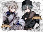  1t0d4 2boys alternate_costume armor belt black_gloves black_hat black_jacket blue_shirt breastplate brown_belt closed_mouth commentary_request crescent earclip earrings empty_eyes feathers flower full_armor fur_collar fur_hat gauntlets genshin_impact gloves green_hair grey_armor grey_hair hair_between_eyes hand_on_own_chin hand_on_own_hip hand_up hat helmet highres holding holding_unworn_helmet illuga_(genshin_impact) illuga_(lochknight)_(genshin_impact) jacket jewelry knight lohen_(genshin_impact) long_sleeves looking_at_viewer male_focus mole mole_under_eye multicolored_hair multiple_boys outside_border pauldrons petals purple_eyes purple_hood red_hair rose shirt short_hair shoulder_armor single_earring smile streaked_hair unworn_headwear unworn_helmet upper_body 