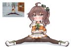  ahoge black_bow black_pantyhose black_shirt blue_eyes blush_stickers bow brown_hair commentary_request hair_between_eyes hair_bow happy highres hololive jacket kukie-nyan long_hair looking_at_viewer midriff natsuiro_matsuri natsuiro_matsuri_(1st_costume) navel off-shoulder_jacket off_shoulder orange_jacket pantyhose photo-referenced photo_inset shirt shoes side_ponytail simple_background skirt smile spaghetti_strap spread_legs stomach sweat virtual_youtuber white_background white_shoes white_skirt 