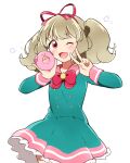  1girl :d ;d aikatsu!_(series) aikatsu_on_parade! bow bowtie brown_hair commentary_request dress green_dress hair_ribbon hands_up highres kiseki_raki long_hair long_sleeves looking_at_viewer mijumaruko one_eye_closed open_mouth pink_sailor_collar red_bow red_bowtie red_eyes red_ribbon ribbon sailor_collar school_uniform short_dress sidelocks simple_background smile solo star_harmony_academy_school_uniform twintails v white_background 