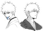  1boy 2boys bleach closed_mouth colored_sclera commentary_request greyscale hollow_ichigo konetaa kurosaki_ichigo male_focus monochrome multiple_boys open_mouth shihakusho short_hair simple_background solo spiked_hair spot_color tongue tongue_out white_background 