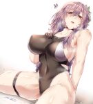  1girl arm_behind_back black_choker black_gloves black_one-piece_swimsuit breasts choker collarbone commentary_request competition_swimsuit covered_navel covered_nipples dutch_angle fate/grand_order fate_(series) gloves hand_on_own_chest highleg highleg_one-piece_swimsuit highres large_breasts long_hair looking_at_viewer notice_lines one-piece_swimsuit open_mouth purple_hair red_eyes sitting solo swimsuit tgxx3300 urd_(fate) 
