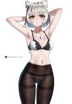  1girl animal_ear_fluff animal_ears armpits arms_behind_head artist_name ass_visible_through_thighs black_bra bob_cut bra breasts brown_pantyhose cat_ears cat_girl chest_jewel closed_mouth commentary_request completion_time cowboy_shot grey_hair highres looking_at_viewer mio_(xenoblade) navel no_pants no_shirt panties panties_under_pantyhose pantyhose riro_(breakthrough_rr) short_hair simple_background small_breasts solo twitter_x_logo two-tone_bra underwear white_background white_bra white_panties xenoblade_chronicles_(series) xenoblade_chronicles_3 yellow_eyes 
