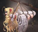  1girl absurdres ahoge arms_behind_back bdsm blindfold blonde_hair blush bondage bound bound_ankles bound_arms bound_legs bound_thighs bound_torso bound_wrists breast_bondage breasts chuck_(harfmoondark) commentary_request crying dress drill_hair egg_vibrator from_side gag gagged gun handgun highres hogtie lily_(shinnazuki) long_hair medium_breasts no_shoes red_ribbon restrained ribbon rifle rope second-party_source sex_toy shibari shibari_over_clothes shinnazuki skindentation soles solo suspension tears thighhighs twin_drills variant_set very_long_hair vibrator weapon white_dress white_thighhighs wiffle_gag 