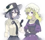  2girls absurdres belt black_eyes black_gloves black_hair black_necktie black_skirt blonde_hair closed_mouth collared_dress collared_shirt commentary dress elbow_gloves expressionless gloves hand_up hat hat_ribbon highres long_hair long_sleeves looking_at_viewer maribel_hearn medium_hair mob_cap multiple_girls navybluesparrow necktie purple_dress purple_eyes ribbon shirt skirt sleeves_rolled_up smile touhou upper_body usami_renko white_background white_shirt 