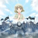  1girl 3boys armor army artist_request bare_arms beard blonde_hair blue_sky clenched_hand cloud collarbone cropped_torso day determined dirty dirty_face facial_hair flag fleur-de-lis floating_hair full_armor game_asset gauntlets green_eyes green_shirt hand_on_own_chest holding holding_sword holding_weapon horseback_riding jeanne_d'arc_(madoka_magica) light_particles long_hair looking_at_viewer loose_hair_strand magia_record:_mahou_shoujo_madoka_magica_gaiden mahou_shoujo_madoka_magica mahou_shoujo_tart_magica multiple_boys official_art open_mouth outdoors poster_(object) riding robe scar scar_on_face shirt short_hair short_sleeves sky sword tareme thick_eyebrows torn_clothes torn_shirt weapon 
