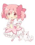  1girl :d absurdres blush bow bubble_skirt chibi chibi_only choker commentary_request dress frilled_skirt frilled_sleeves frills gloves hair_between_eyes hair_bow highres hitode kaname_madoka kaname_madoka_(magical_girl) kyubey looking_at_viewer magical_girl mahou_shoujo_madoka_magica mahou_shoujo_madoka_magica_(anime) open_mouth pink_bow pink_choker pink_dress pink_eyes pink_hair puffy_short_sleeves puffy_sleeves short_dress short_hair short_sleeves short_twintails simple_background skirt smile socks twintails white_background white_gloves white_skirt white_socks 