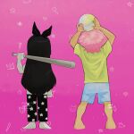  1boy 1girl 2023 alternate_costume alternate_hair_color alternate_skin_color alternate_universe arms_up artist_name aubrey_(headspace)_(omori) aubrey_(omori) ball barefoot baseball_bat basil_(headspace)_(omori) basil_(omori) black_hair black_hairband black_pants blue_shorts colored_skin commentary english_commentary green_shirt hairband highres holding holding_ball holding_baseball_bat invisible_floor long_hair madnopost omariposa omori pants pink_hair shirt short_sleeves shorts standing t-shirt white_shirt white_skin 