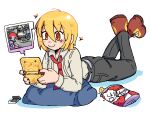  1girl black_pants blonde_hair chips_(food) crossed_legs don_quixote_(project_moon) escavalier food handheld_game_console highres legs_up limbus_company lying melfunnysmell nail_polish necktie nintendo_3ds on_stomach pangoro pants pillow playing_games playing_video_games pokemon project_moon red_necktie red_shoes shirt shoes simple_background smile solo sparkle the_pose white_background white_shirt 