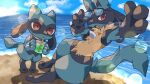  absurdres adjusting_eyewear beach blue_sky cloud commentary_request commission cup disposable_cup drinking_straw fang full_body green_liquid happy highres light_rays looking_at_viewer lucario ocean open_mouth pokemon red_eyes riolu rushin sand semi-rimless_eyewear sky standing sunbeam sunlight thumbs_up water 