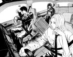  1girl 2boys black_dress black_jacket black_necktie black_pants bucket car_interior car_seat collared_shirt commentary_request cup dashboard disposable_cup dress drinking_straw eating finger_tattoo gps greyscale holding holding_bucket jacket long_hair momilpan monochrome multiple_boys nagumo_(sakamoto_days) necktie open_mouth osaragi_(sakamoto_days) pants parted_lips potato sakamoto_days scar scar_on_cheek scar_on_face seatbelt shirt shishiba_(sakamoto_days) short_hair sitting steering_wheel suitcase tattoo veil white_shirt 