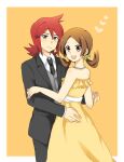  1boy 1girl alternate_costume black_jacket black_necktie border brown_eyes brown_hair commentary_request dancing dress grey_eyes heart holding_hands jacket jewelry looking_at_viewer lyra_(pokemon) necklace necktie open_mouth outside_border pokemon pokemon_heartgold_and_soulsilver pote_(noah7200) red_hair silver_(pokemon) simple_background smile white_border yellow_background yellow_dress 