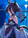  1girl ahoge amenu_415 animal_ears black_hair breasts bride cleavage closed_mouth collarbone commentary_request dress fingernails flower hair_between_eyes highres holding_own_dress horse_ears horse_girl horse_tail looking_at_viewer manhattan_cafe_(mysterious_rose)_(umamusume) manhattan_cafe_(umamusume) multicolored_hair nail_polish night official_alternate_costume red_flower red_nails red_rose rose see-through_clothes see-through_veil small_breasts smile solo streaked_hair tail umamusume veil wedding_dress white_hair white_streaks yellow_eyes 