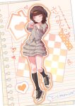  1girl :d absurdres black_shoes black_socks blunt_bangs blush brown_hair character_request closed_eyes commentary_request copyright_request facing_viewer full_body grey_jacket grey_skirt gul_(parfaitgul) heart heart_hands highres jacket jewelry kneehighs lined_paper long_sleeves medium_hair necklace open_mouth orange_outline outline paper platform_shoes shoes sidelocks skirt smile sneakers socks solo teeth thighs translation_request white_outline 