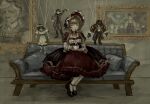  1girl alain_guillotin basil_elton black_bow black_hairband black_shoes blue_eyes bow brown_hair closed_mouth commentary couch cup detached_collar doll doll_joints dress elbow_gloves english_commentary frills full_body gem genshin_impact gloves hair_bow hairband half-closed_eyes highres holding holding_cup holding_plate indoors jakob_ingold jewelry joints juliet_sleeves lips long_sleeves looking_at_viewer marionette mary-ann_(genshin_impact) oceanid_(genshin_impact) on_couch pantyhose pendant phinlad photo_(object) plate portrait_(object) puffy_sleeves pulonia_(genshin_impact) puppet puppet_strings red_dress red_gem rene_de_petrichor sandrone_(genshin_impact) shadow shoes short_hair_with_long_locks sidelocks sitting solo teacup thread two-tone_dress white_dress white_gloves white_headdress white_pantyhose wing_collar 