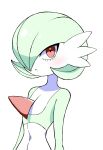  1girl arms_at_sides blush bob_cut colored_skin commentary flat_chest gardevoir green_hair green_skin hair_over_one_eye highres kuroguy looking_at_viewer multicolored_skin navel one_eye_covered open_mouth pokemon pokemon_(creature) red_eyes short_hair simple_background solo standing stomach two-tone_skin upper_body white_background white_skin 