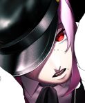  ajimi_jiro07 black_hat chainsaw_man collared_shirt commentary_request dark_background fami_(chainsaw_man) fourth_east_high_school_uniform hat highres looking_at_viewer medium_hair mole mole_under_eye mole_under_mouth neck_ribbon peaked_cap pink_hair red_eyes ribbon ringed_eyes school_uniform shirt white_shirt 